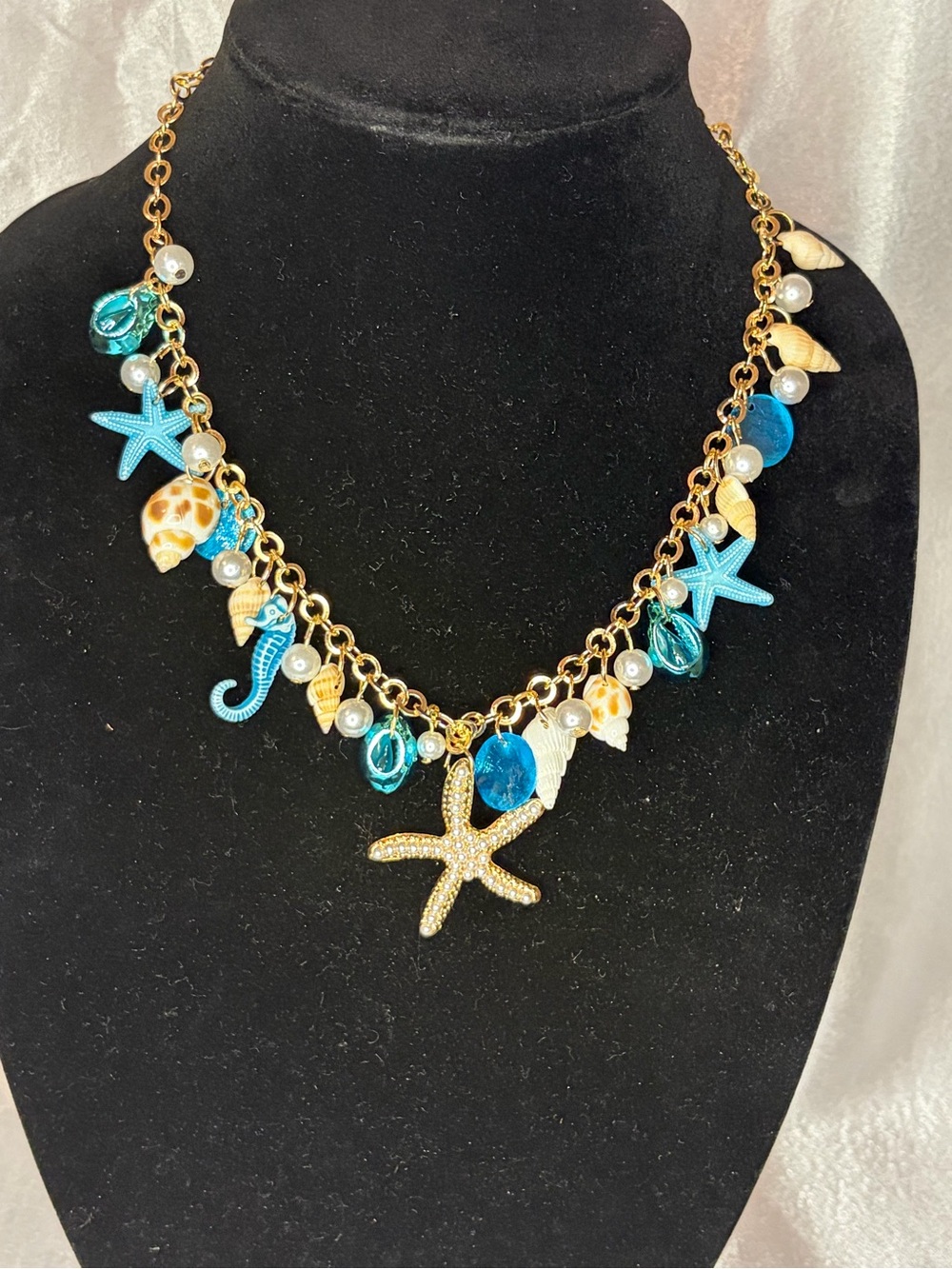 Seashell & Starfish Charm Necklace - Gold Chain with Turquoise Accents